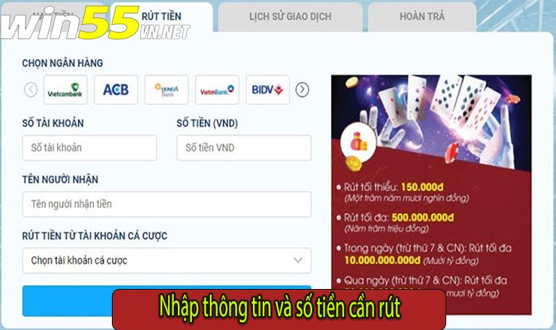 Nhập thông tin và số tiền cần rút